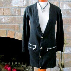 BLACK LAMBSWOOL & ANGORA SWEATER w ZIPPER POCKETS, M, IZZUE CARDIGAN w BUTTONS